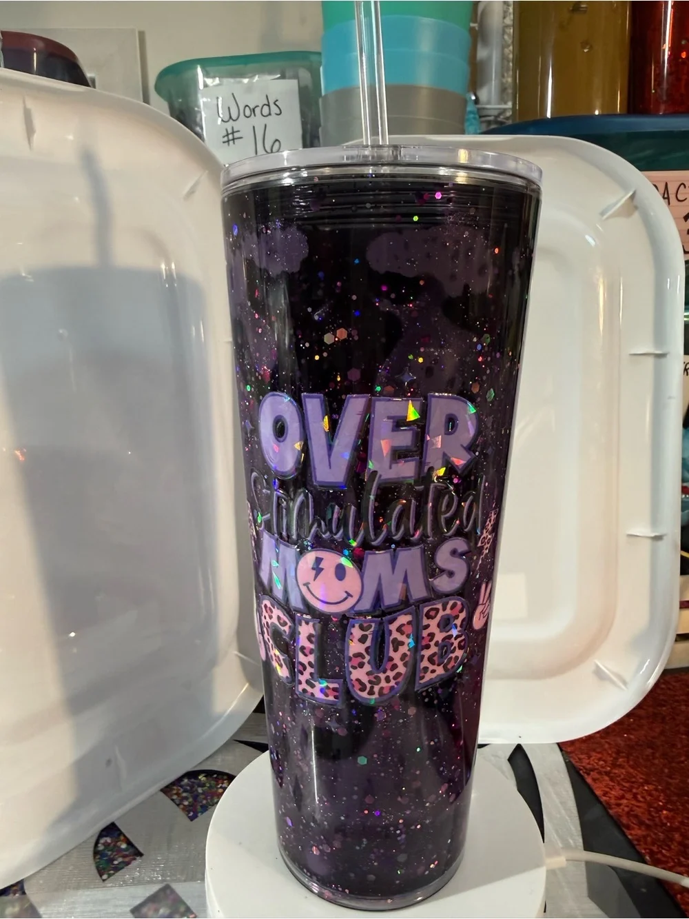 Over Stimulated Moms Club Purple Glitter Tumbler